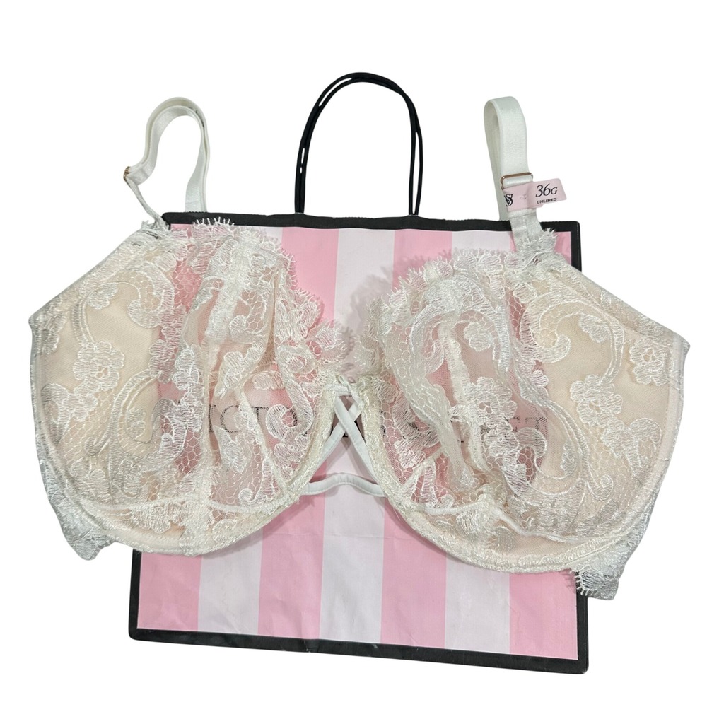 Victoria's Secret Dream Angels Ivory Lace Unlined Push Up Bra 36G Eyelash Trim